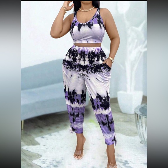 🆕 Purple & White Tye Dye Crop Top & Crop Pants!!! Plus sized 18 (2X) Brand NEW! - Picture 5 of 8